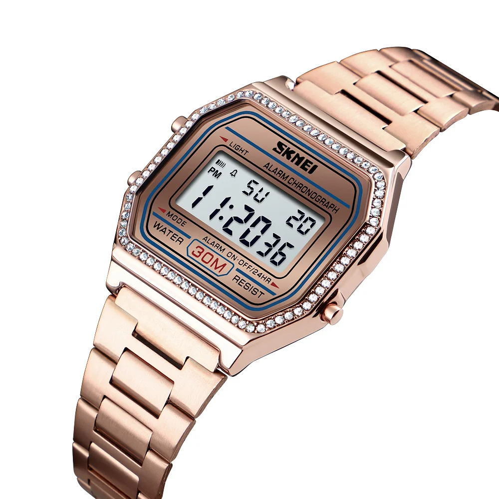 

SKMEI 1474 Electronic Watch Gold Women Digital Waterproof Sport LED Ladies Wristwatches Stainless steel Alarm Clock montre femme