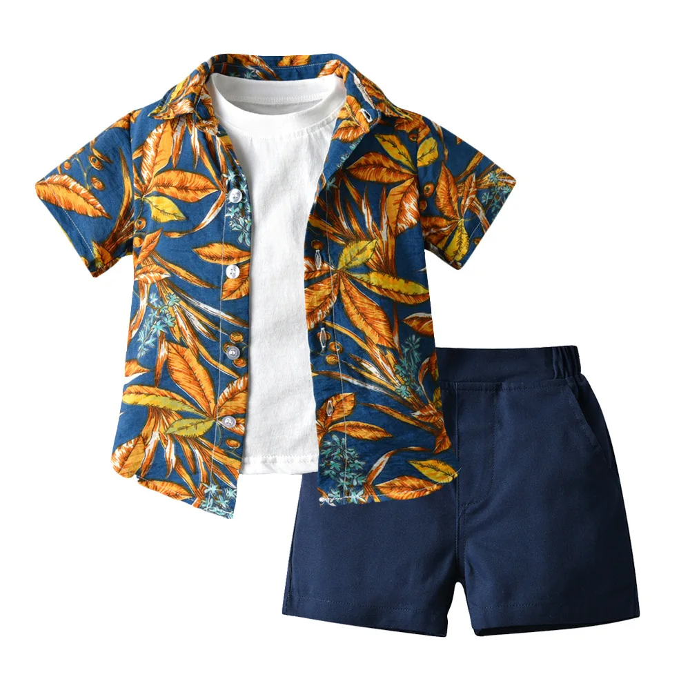 

2021 Summer baby boys clothes sets cotton linen short-sleeved floral shirt with five-minute trousers for children's holida