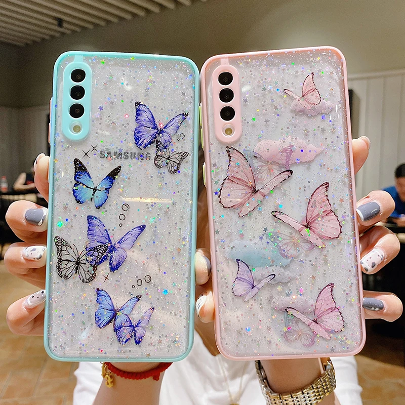 

Free Shipping Clear Glitter Butterfly Soft Shockproof Phone Case for Samsung S21 A72 A71 A51 A52 A42