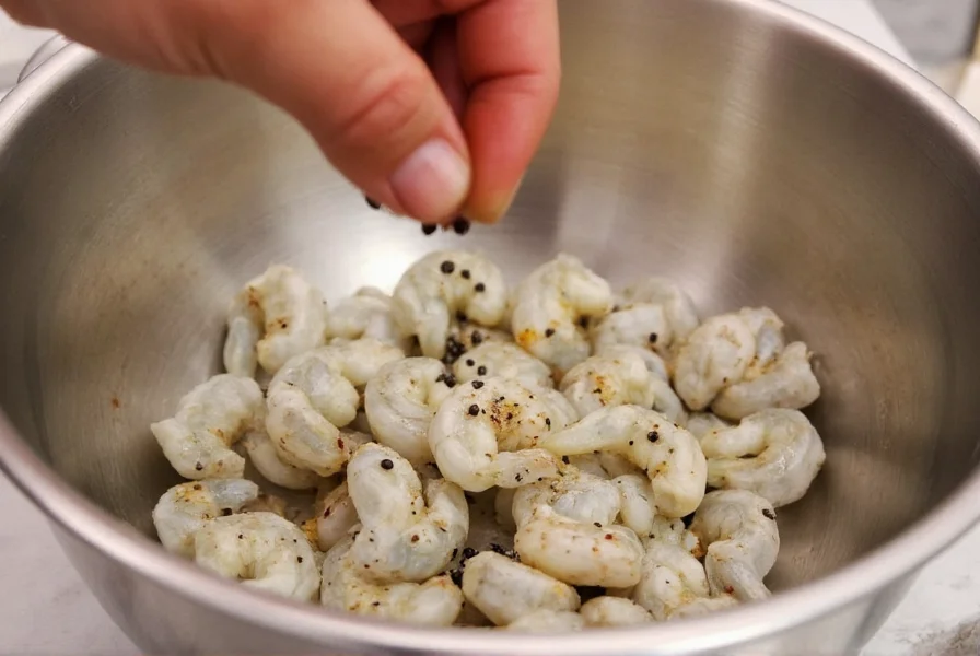 Fresh raw shrimp being seasoned with freshly cracked black peppercorns in a stainless steel bowl