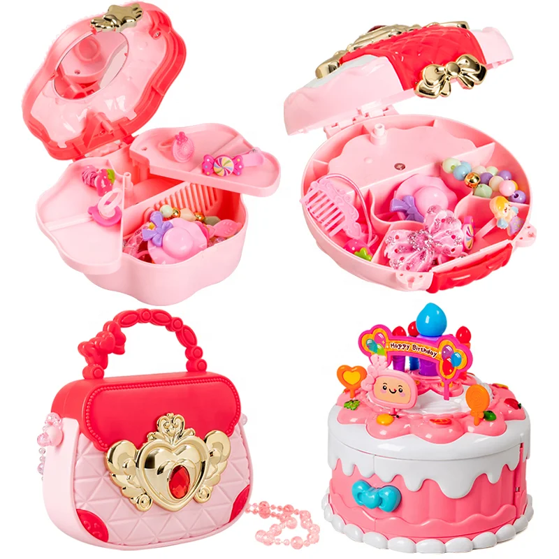 

Jewelry toy plastic pretend play kids makeup kit birthday cake toys musical box set with light kids toys for girls