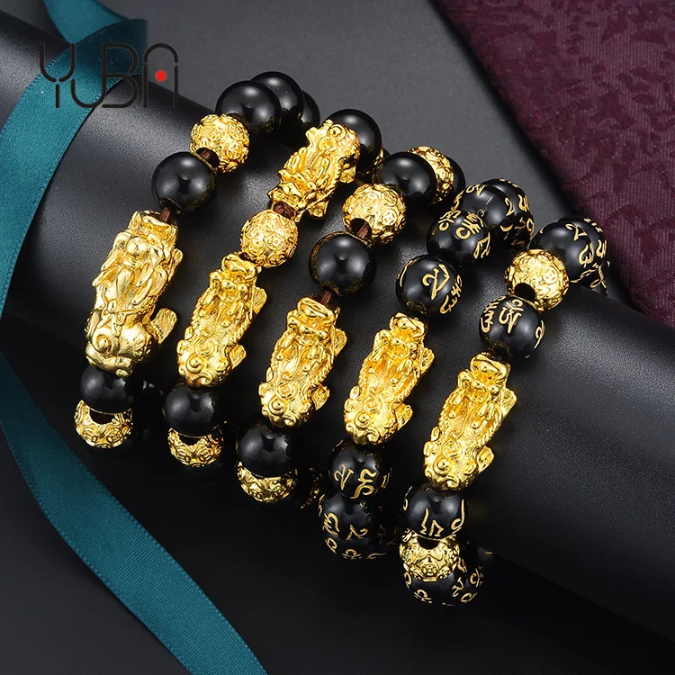 

Hot Selling Gold Filled Fengshui PIxiu Bracelets Mantra Engraved Black Agate Obsidian Lucky PIYAO Natural Stone Bracelet