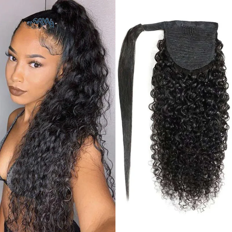 

Brazilian Human Hair Wrap Around Pony tail Clip In Ponytail Human Hair Extensions Remy Curly ponytail For Black Women
