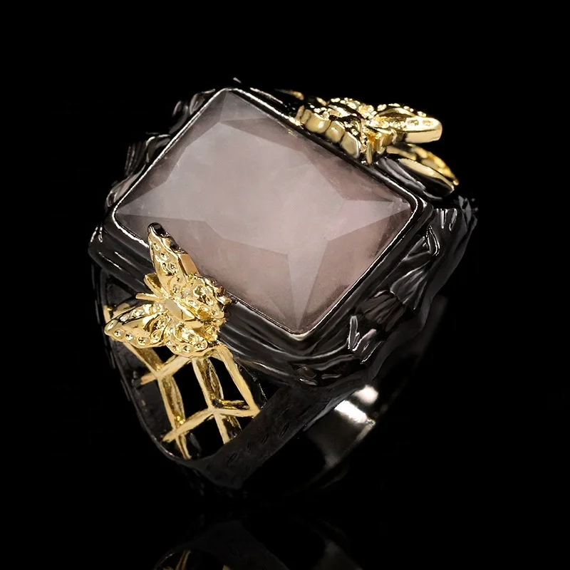

Fashion Lady Bohemian Style Square Natural Crystal Butterfly Flying ring Lady Sweet Jewelry Drop ring