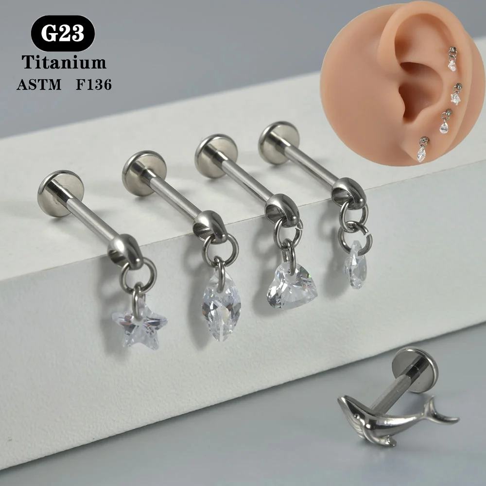 

ASTM F136 Titanium Zircon Pendant Earring Star Heart WaterDrop Dolphin Drop Ear Studs Internal Thread Rook Piercing Jewelry