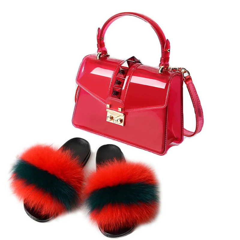 

Women Rainbow Jelly Cosmetic Bag Plush Fluffy Fur Slippers Set Girl's Comfortable Pretty Fur Slides Match Chain Purse Wholesale, 4 colors