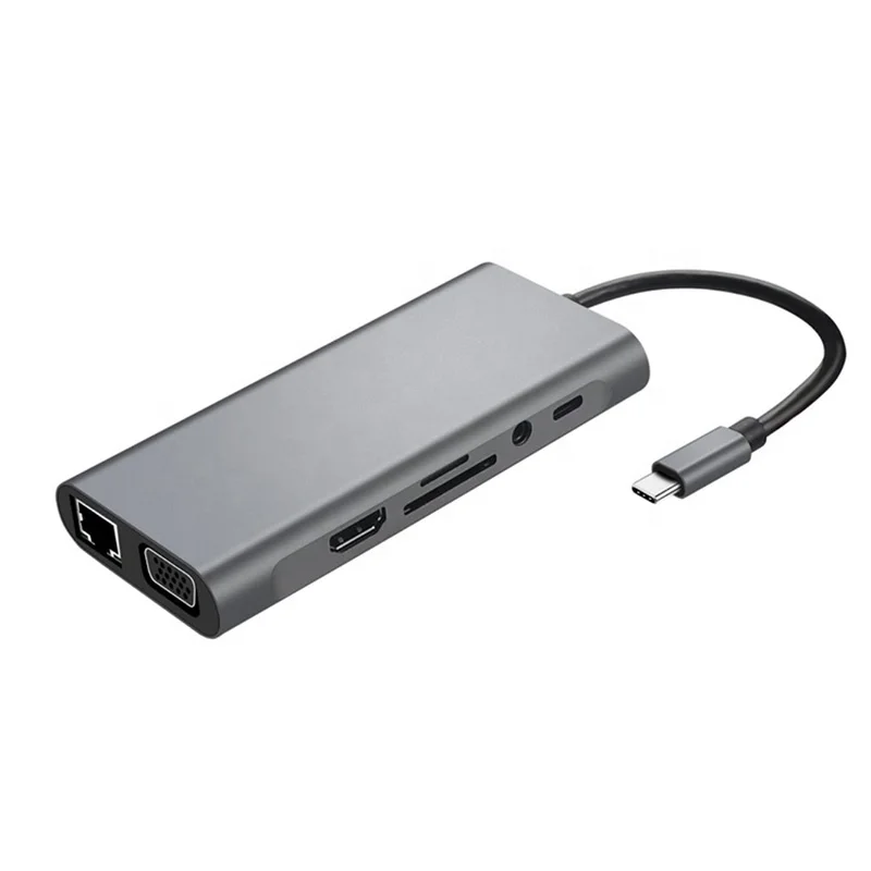 

Aluminium 11 in 1 Type-C Dock Station Hub USB C Adapter to 4kHDMI VGA USB C Charging 4 USB 3.0 SD/TF Card Reader 3.5 AUDIO VGA, Gray