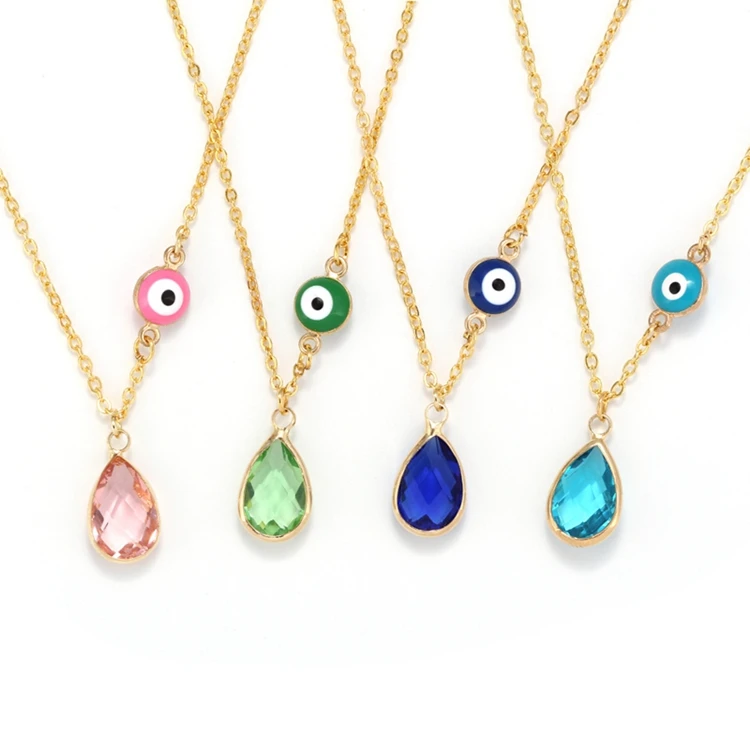 

Charm Fashion Girl Gift Pink Green Water Drop Crystal Turkish Blue Eye Pendant Choker Necklace Jewelry For Women, As the picture