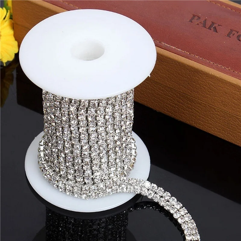 

Wholesale 2 Row Silver Crystal rhinestone Close Chain 2-3mm AAA DIY Diamonte Brass Metal Cup Chain Trimming on Roll