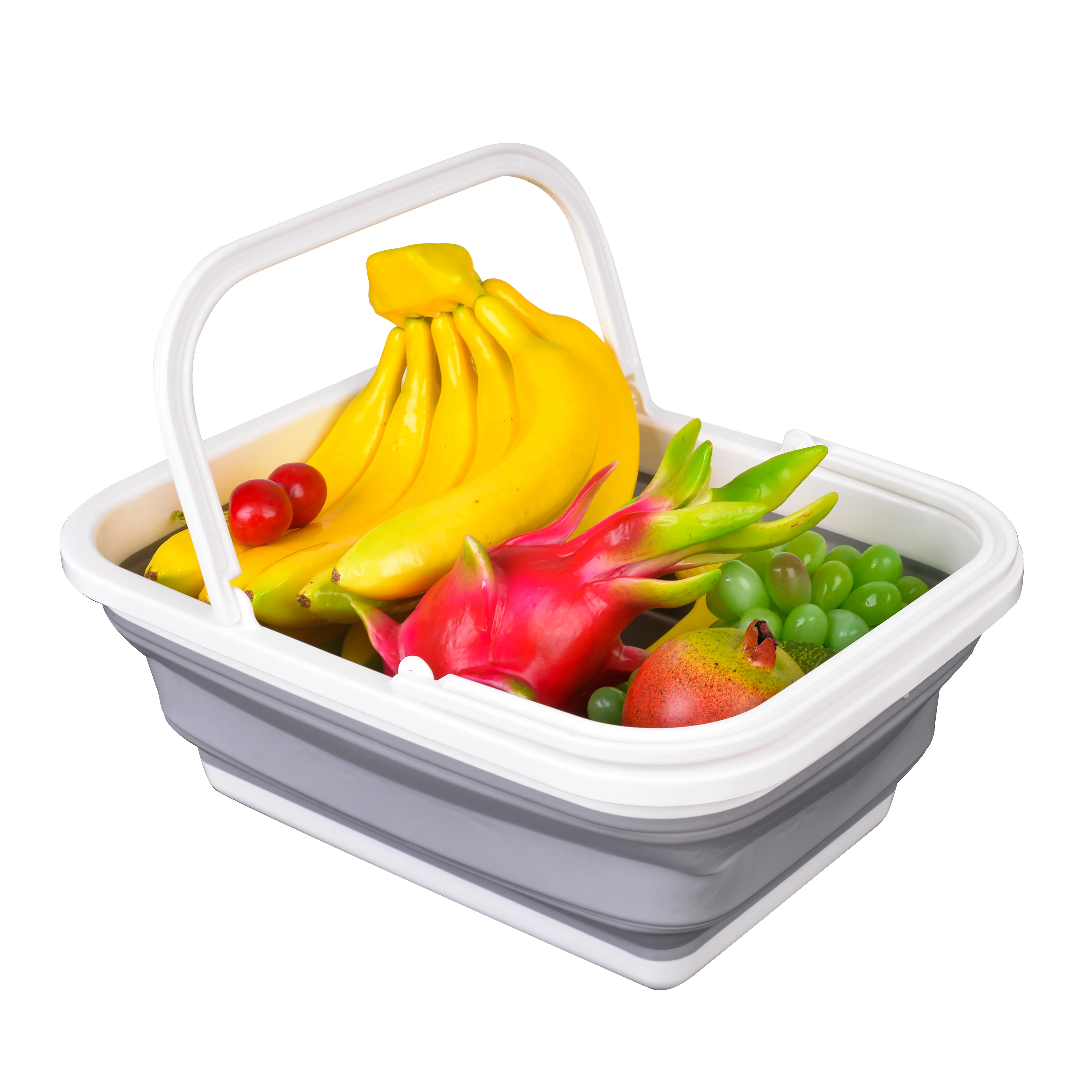 

Foldable Collapsible Folding Storage Basket with Handle Grey PP Portable Vegetable Fruits Picnic La Cesta Silicone