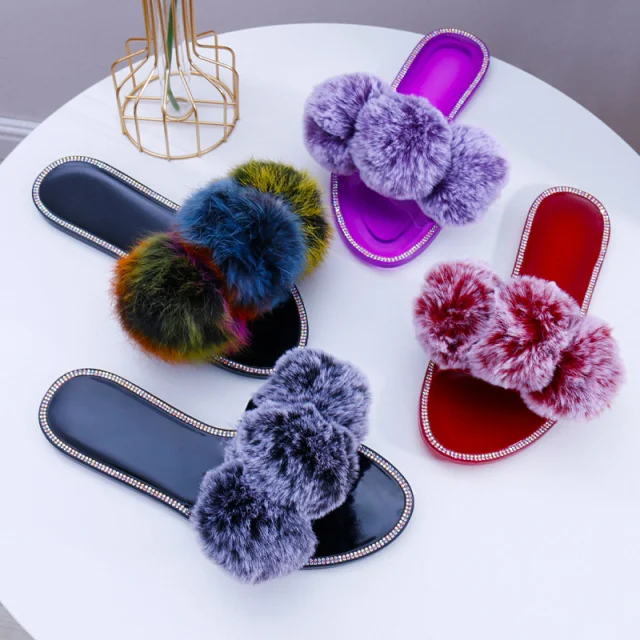 

2021 new four seasons fashion slippers round head women's flat bottomed rabbit hair lovers' home office women's slippers