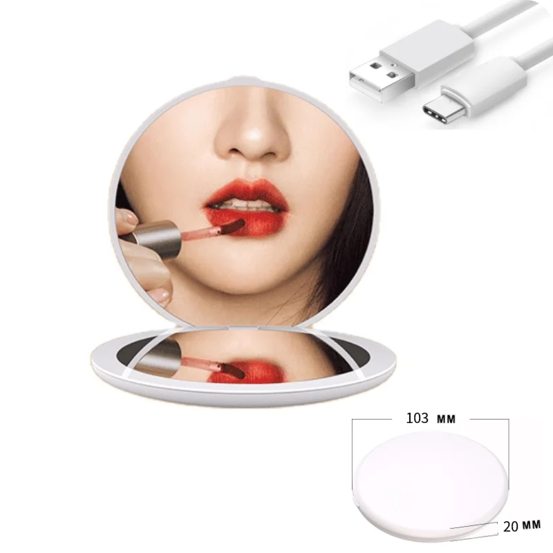 Custom Double-Sided 2X Magnification LED Light Round Pocket Purse Hand Held Portable Folding Small Mini Cosmetic Mirror