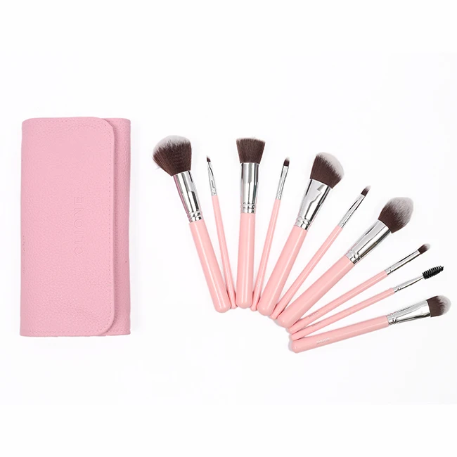 

10pcs vegan bling pink professional private label makeup brushes set with PU leather cosmetic bag for daily makeup HXT-012