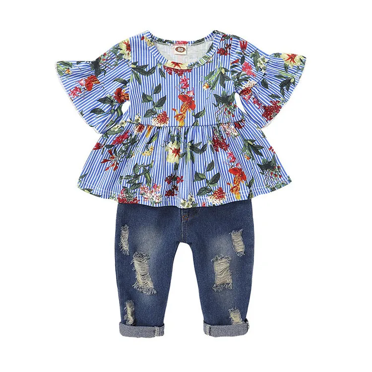 

Newborn Baby Girl Strip Flower Print Dress Broken Hole Pants