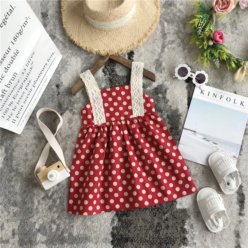 

Latest Design New Arrival 2021 Summer Lace Polka Dot Kids Girl Suspender Dress For Wholesale, Red