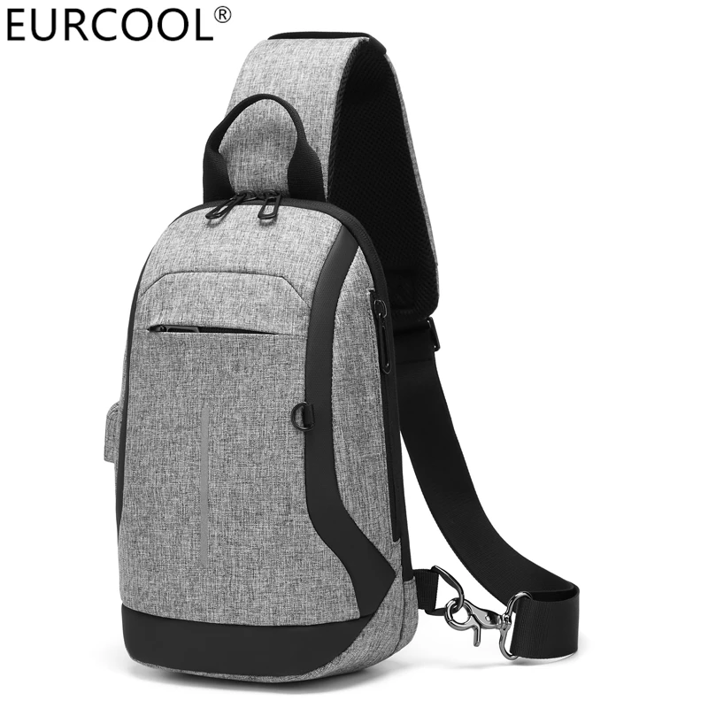 

Eurcool Fanny Waterproof Men's Sling Crossbody Knapsack Nylon Front Chest Bag With USB Charging Port, Black and gray for choice