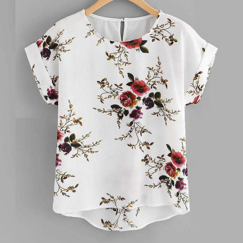

WW-1275 Women's Irregular Flowers Round Collar Short Sleeve Blouse Fancy Tops For Women Crew Neck T-shirt, Customized color