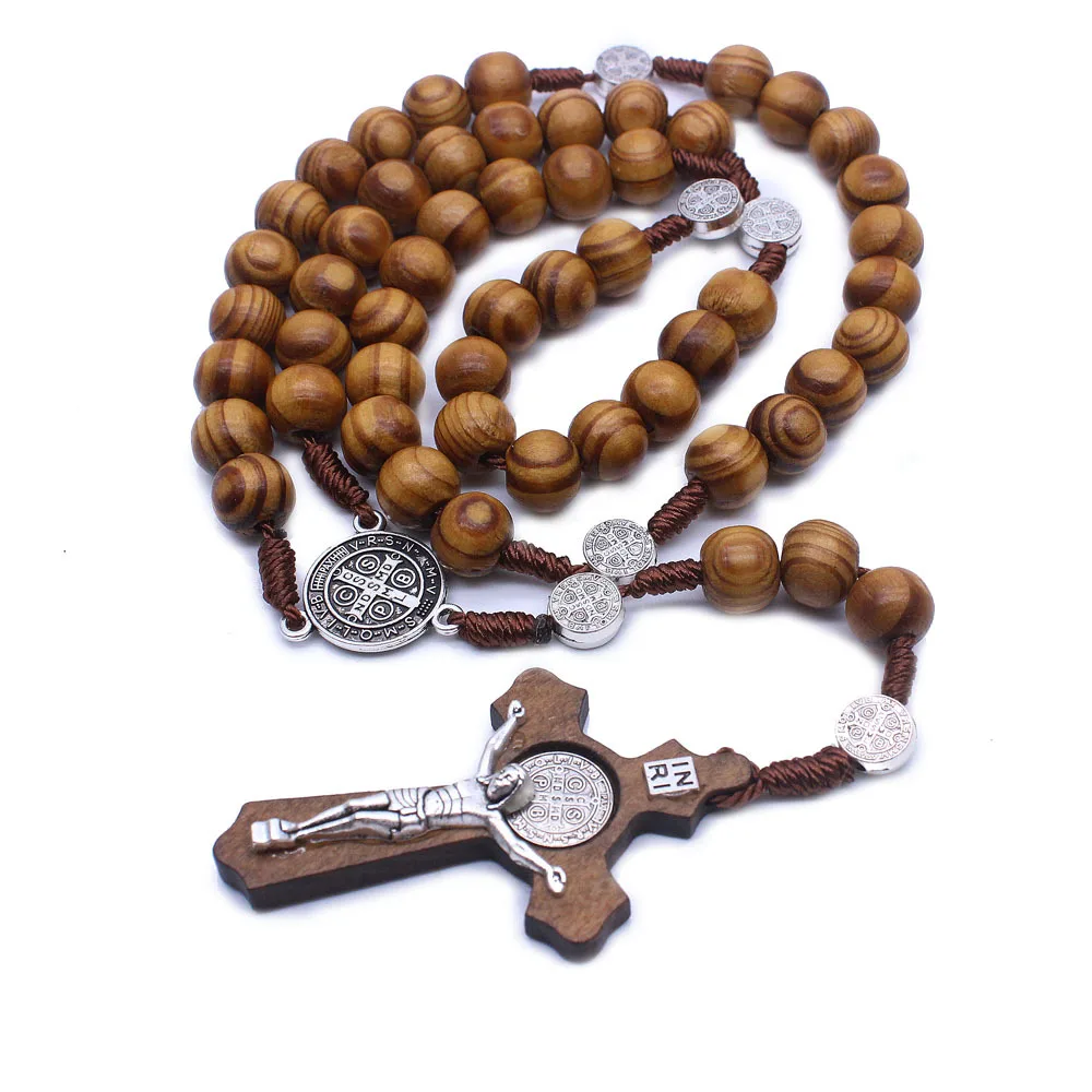 

Hot Sell Pine Wood Beads Rosary Saint Benedict Connector and Crucifix Catholic Necklace Rosary, Brown