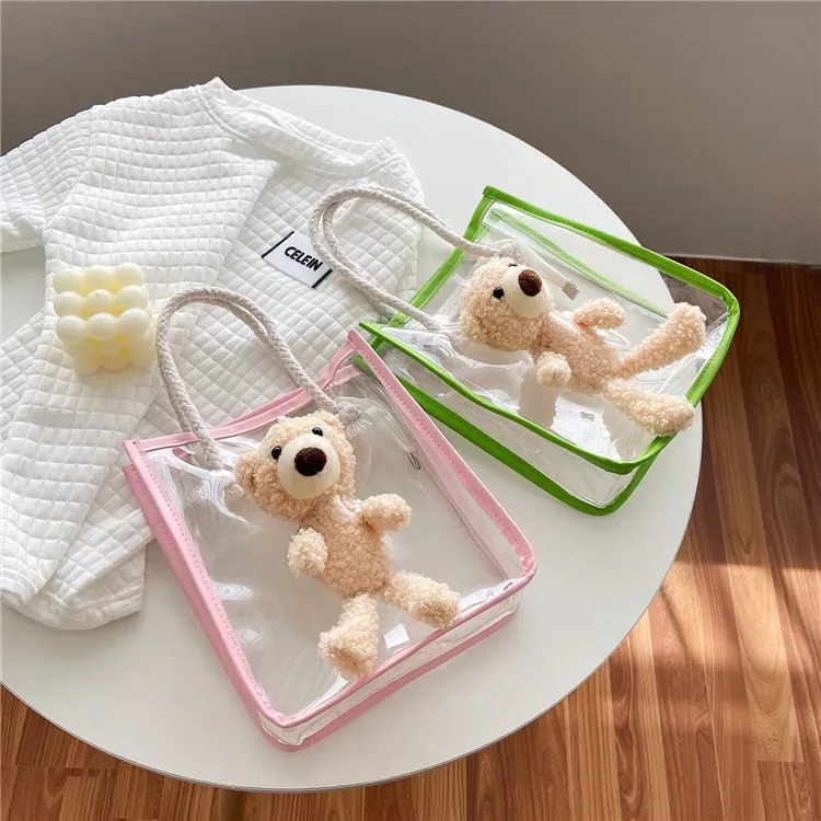 

The New Designer Stylish Simple Pu Leather Transparent Tote Handbag Trendy Cartoon Shopping Bag With Cute Bear