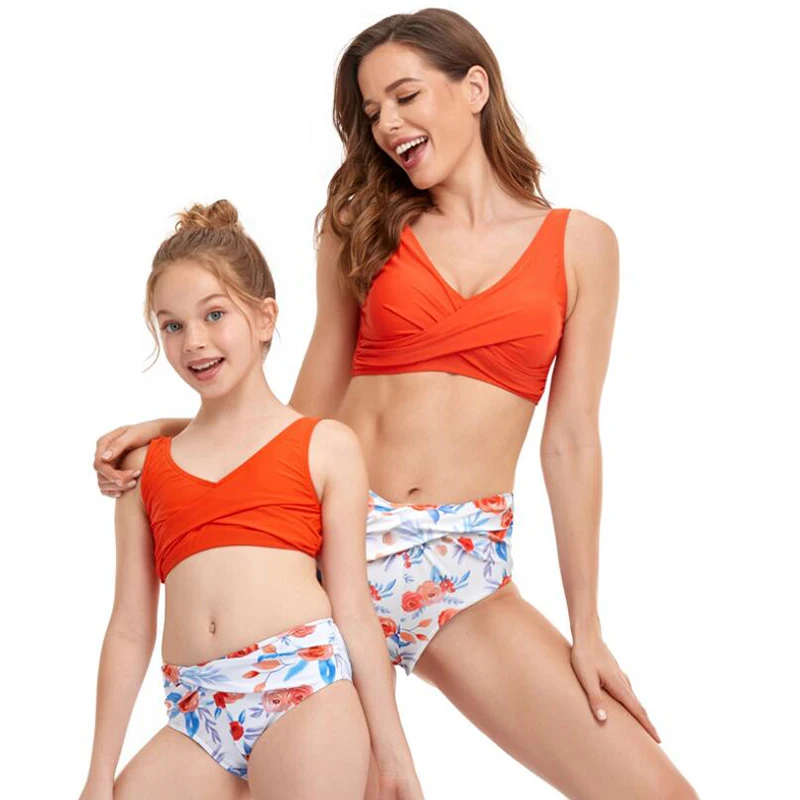 

Wholesale parent-child printed high waist woman bikini swimsuit kids swimwear for girls, Picture