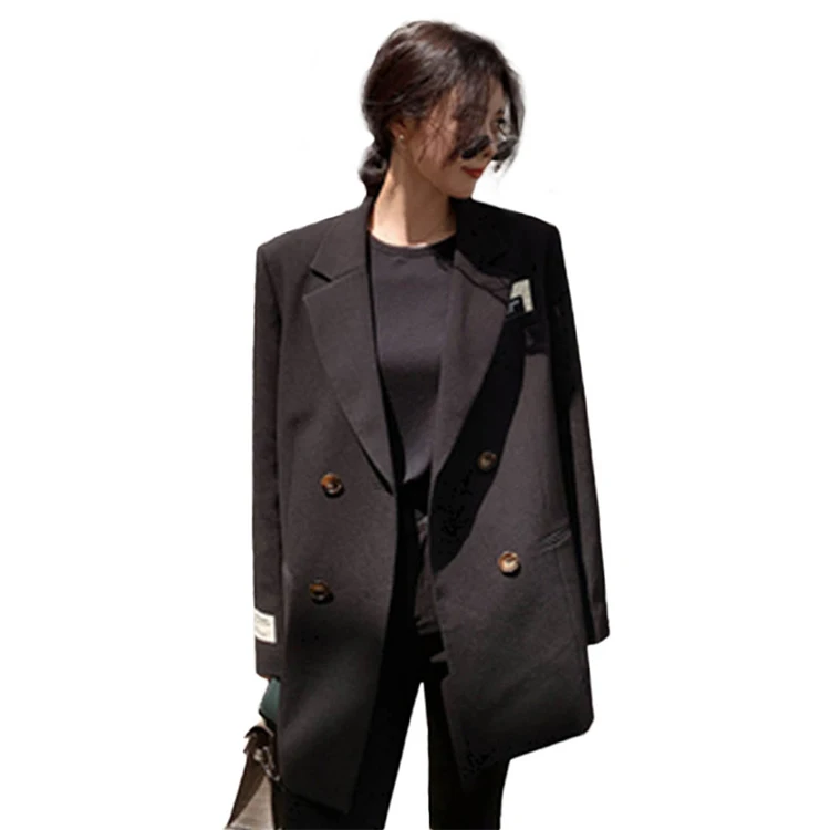 

Temperament lapel collar double-breasted long-sleeved pocket mid-length blazer suit jacket