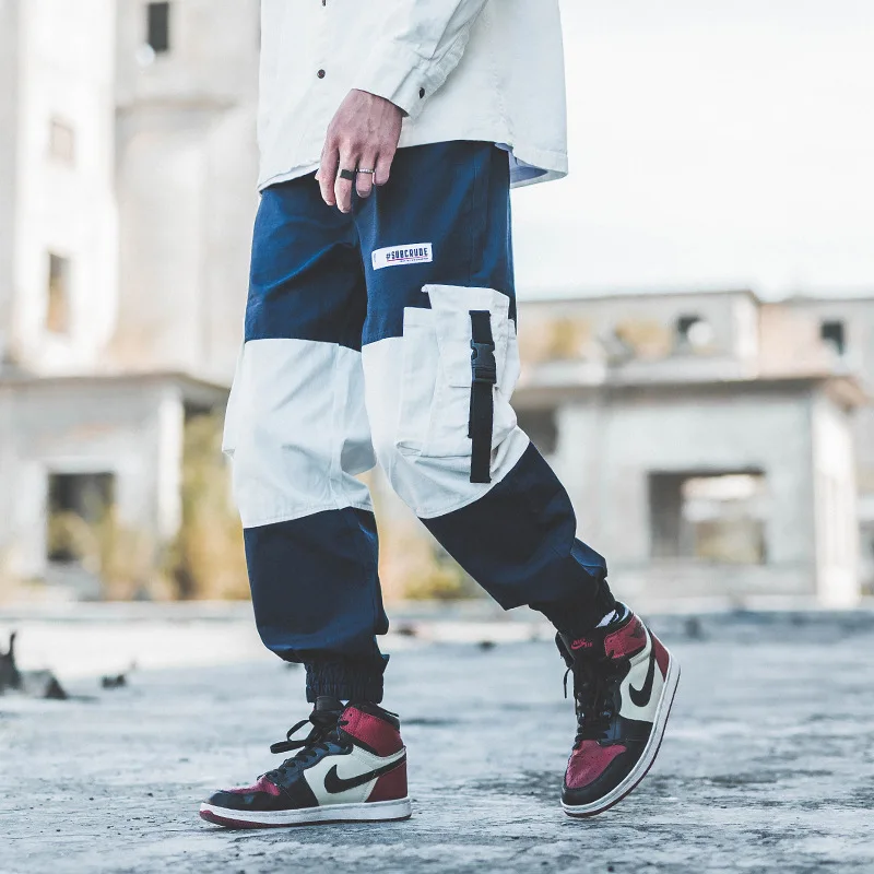

2021 new trend loose men's casual pants Harajuku style street fashion color matching overalls trousers, Shown