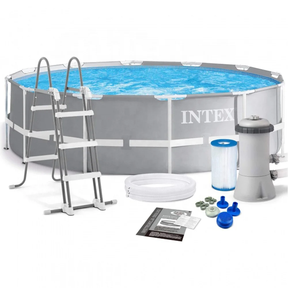 

INTEX 26716 12FT X 39IN Prism Frame Premium Pool Set Above Ground Steel Round Swimming Pool, Grey