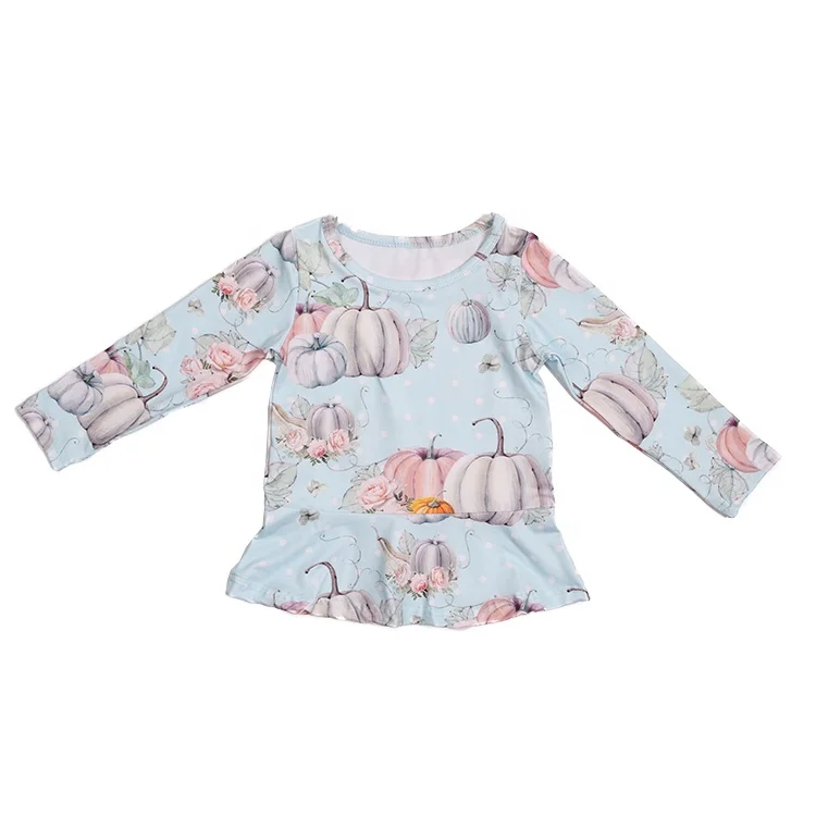 

2020 Autumn Halloween style light blue Children's milk silk Shirt round Collar Long Sleeve pumpkin Shirt for girls