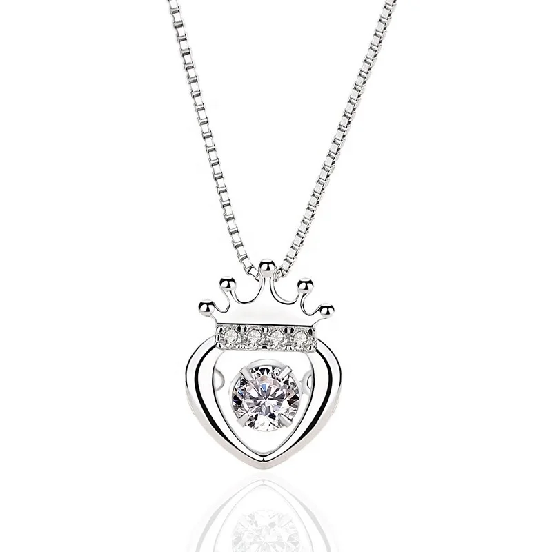 

Spain Fashion Jewelry Women Shaking Zircon 925 Sterling Silver Crown Heart Pendant, White