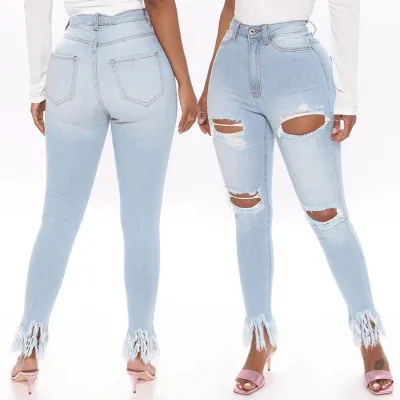 

High Quality Denim Brazilian Style Fringe Skinny Ripped Women Jeans, Picture shown