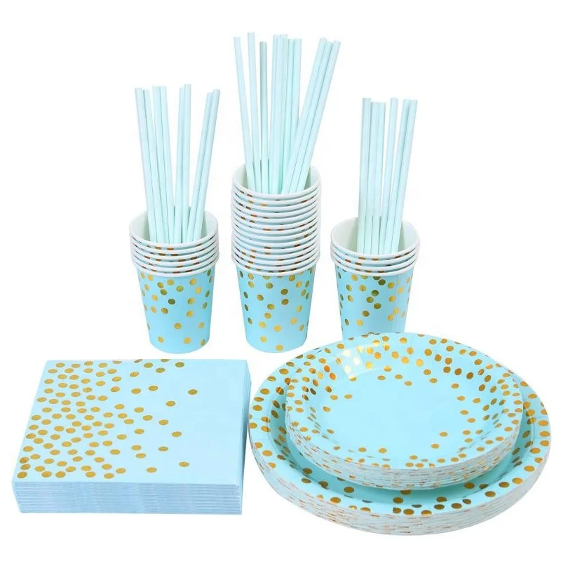 

High Quality Gold Foil Paper Cups Paper Plates Blue Disposable Paper Plates Cup Napkins Straws Birthday Party Cutlery Set, Rose gold/customized color