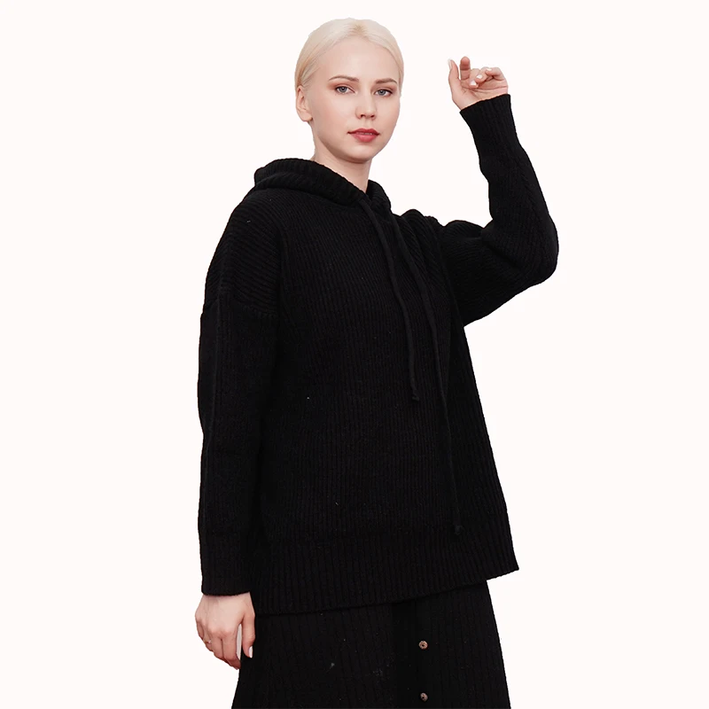 

Hot sale products knitting casual hoodie sweatshirt loose pullover plus size women's black sweaters black sweater