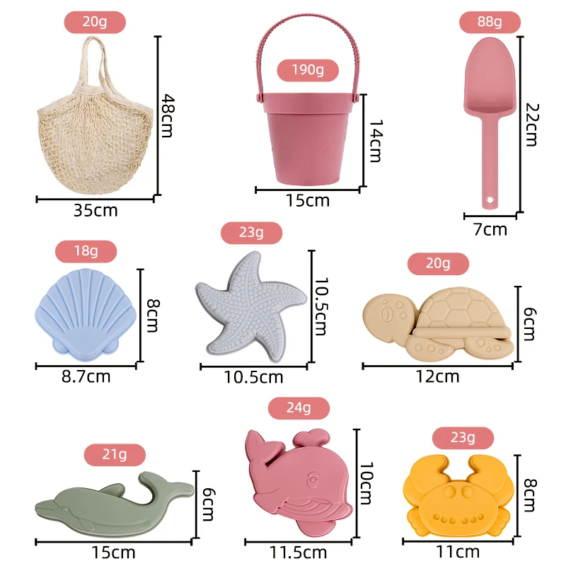 

Eco Friendly Silicone Beach Toys Sets for kids Silicone Bucket Shovel 6 Sand Molds Beach Bag Silicone Sand Toys for Toddlers