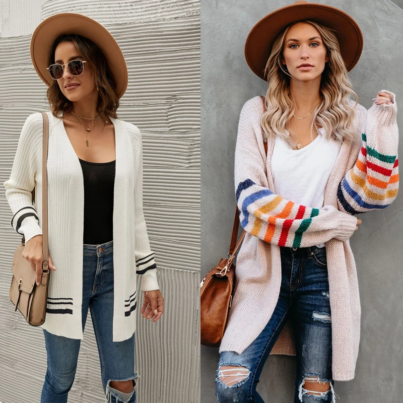 

Factory Wholesale Women Winter Long Cardigan Sweater Autumn Stripe Balloon Knitting Cardigan Sweater for Women