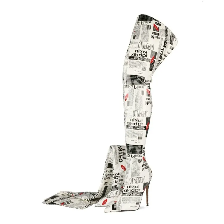 

Newspaper Fashion Botas Largas Custom Design Stiletto Heel Long Over the Knee High Thigh High Boots for Winter, White