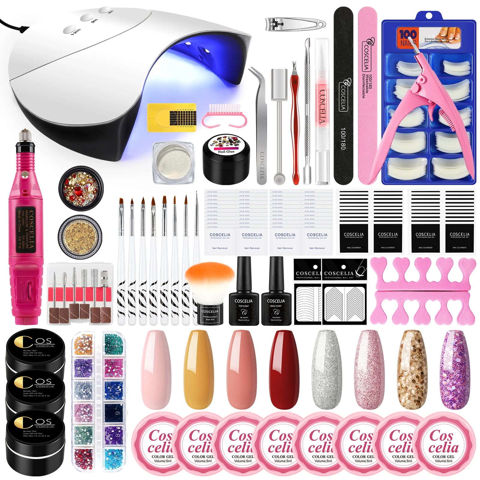 

COSCELIA Professinal High Quality 36W Nail Lamp UV Gel Kit with Nail Drill Nail Powder Decoration and Tools Full Kit Manicure, 11 colors