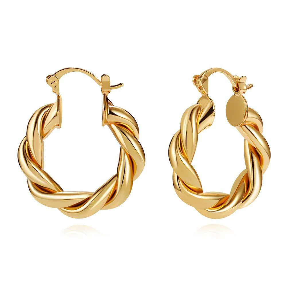 

18K Gold Plated Stainless Steel Classic Jewelry Hypoallergenic Waterproof Circle Thick Twist Hoop Earrings, Photo