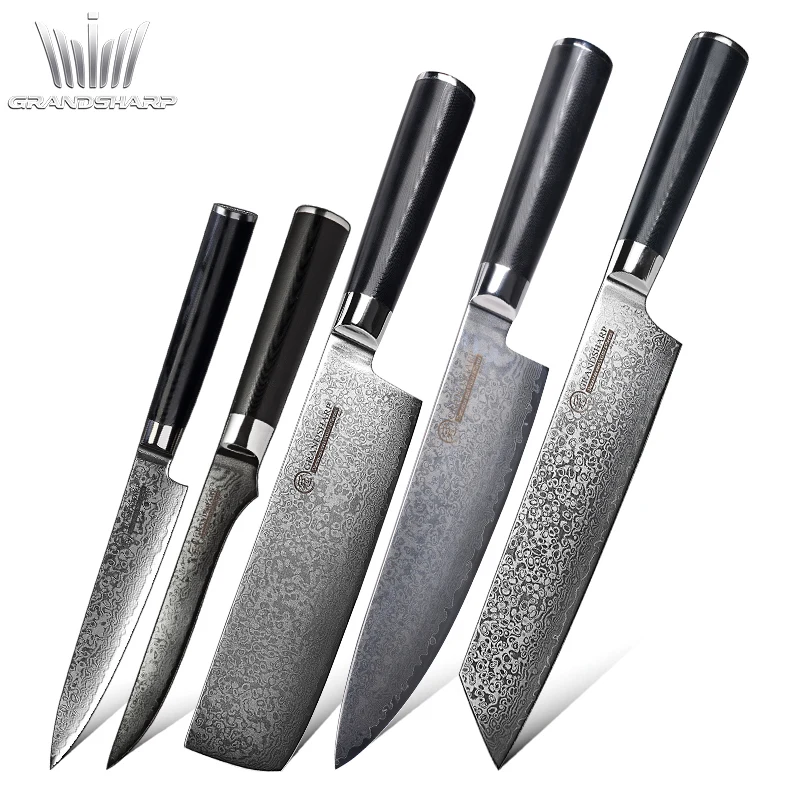 

New 5 pcs Japanese Damascus Steel VG10 Kiritsuke Chef Boning Paring Utility Cooking Hotel Outdoor BBQ Camping Kitchen Knives Set