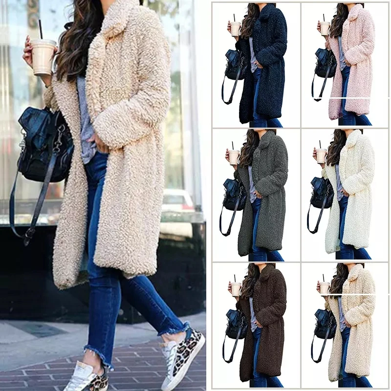 

Autumn Winter Hotsale Women's Fashion Lapel Plush Warm Long Fur Coat Ladies Lamb Cashmere Solid Casual Top Coat Jackets, Customized color