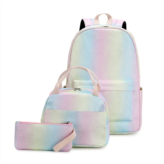 

2021 High Quality Gradient Rainbow 3Pcs Set Bag Student Zipper Travel Waterproof Girls Backpack For Women Set, White