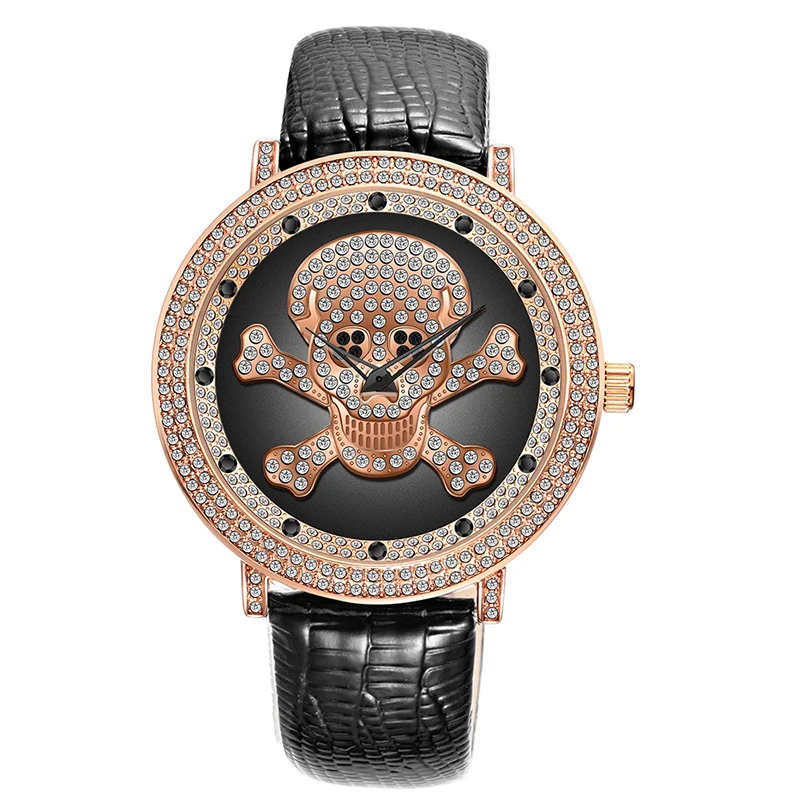 Skone 9498 West Brown-Mädchen-Quarz-Uhr Der neueste Leder-Band-Wasser wider Diamanten-Schädel-Dekoration Charakter Armbanduhr