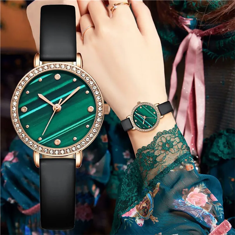 

WJ-10435 Fashion Wholesale Malachite Small Green Wristwatch Quartz Ladies Watch Elegant Temperament PU Leather Women Watches, Mix