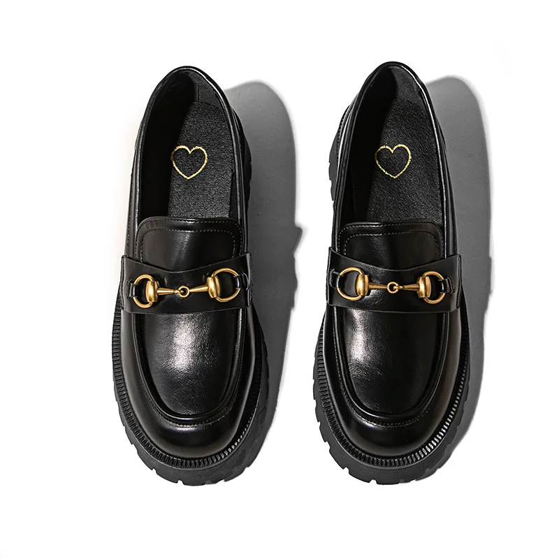 

2021 new arrivals autumn Horsebuckle loafers with thick heels and thick soles English style leather shoes with thick heels