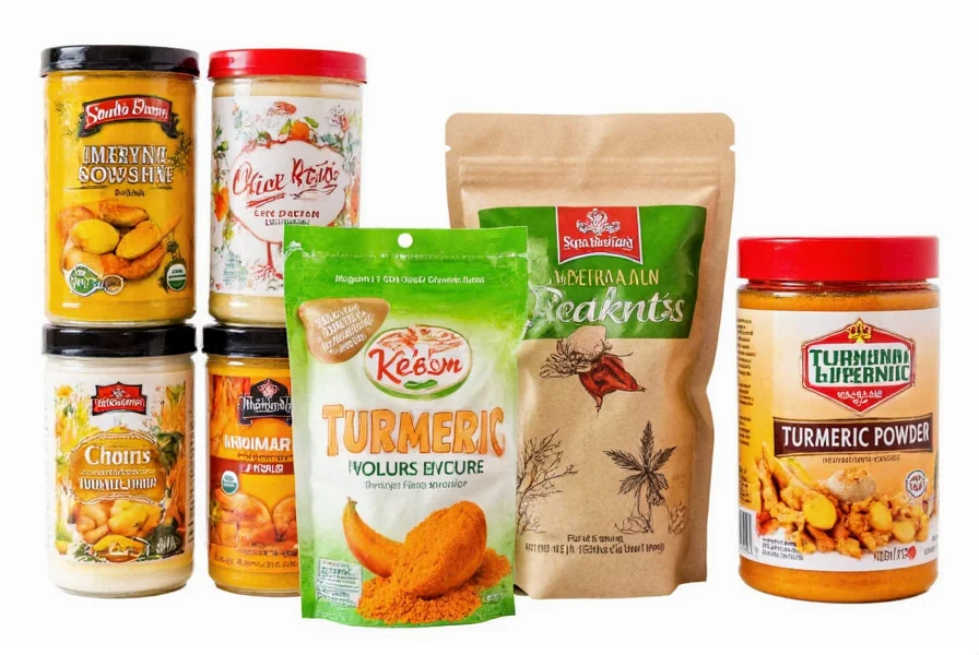 Various turmeric powder containers showing different packaging types from grocery stores, health food stores, and online retailers