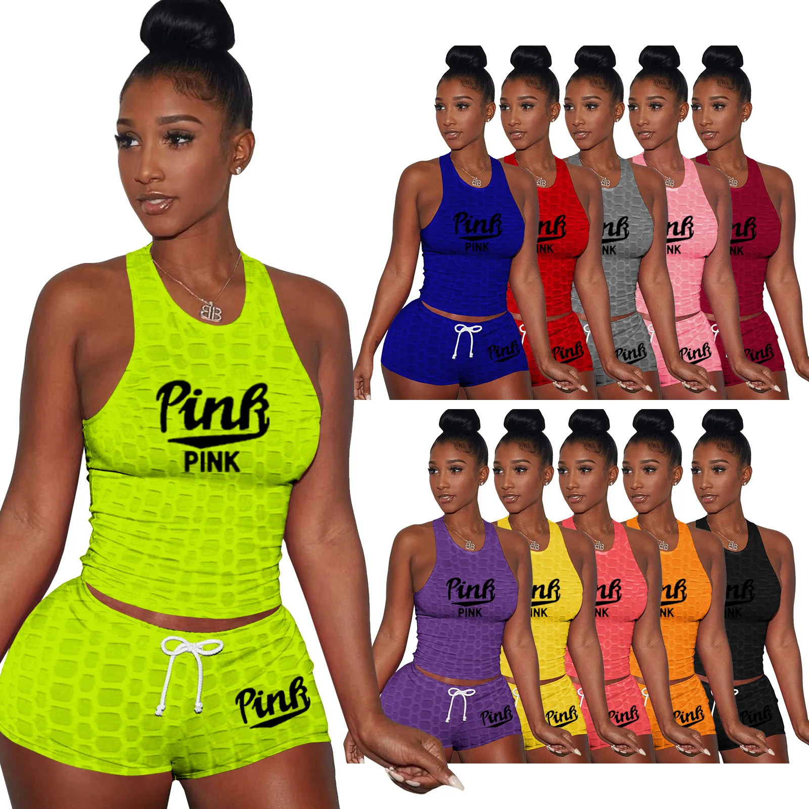 

European and American women's super elastic letter printed yoga sports vest Shorts Set two piece super elastic