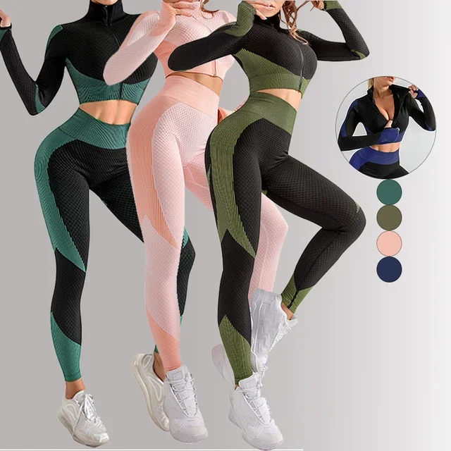 

2021 Hot sale seamless sportswear zipper crop top gym clothing custom logo yoga set fitness for women, Customized colors