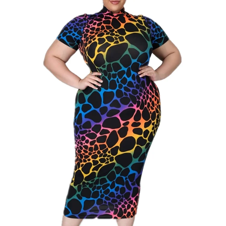 

women clothing Summer Plus Size leopard Short Sleeve Midi Dress