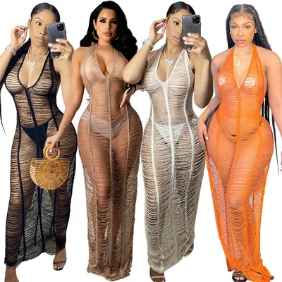 

Factory wholesale 2021 new ladies beach long dress sexy see-through body deep V-neck halter neck lace crochet bikini