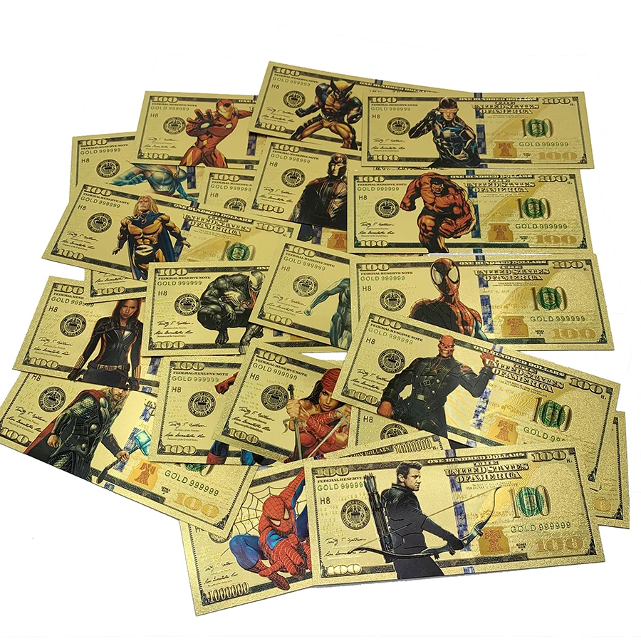 

48 design League-Hero 24k gold banknote Usa 100 dollar plastic money super hero prop money souvenir gifts for LOL fans