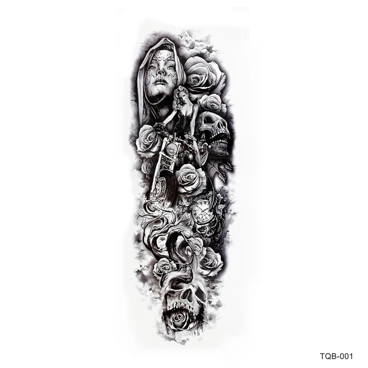

Full Arm Large Skull Temporary Fashion Body Art Adults Waterproof Hand Fake Tatoo Sticker for Women Men